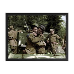 Soviet Soldier Embraces American Serviceman Near the Elbe River, 1945 framed print on a plain backdrop in size 18"x24".
