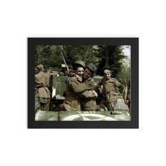 Soviet Soldier Embraces American Serviceman Near the Elbe River, 1945 framed print on a plain backdrop in size 8"x10".