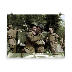 Soviet Soldier Embraces American Serviceman Near the Elbe River, 1945 poster on a plain backdrop in size 8"x10".