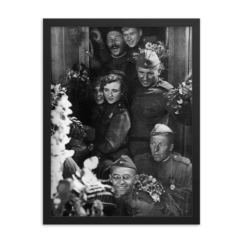 Soviet Soldiers Celebrate Returning Home Alive, 1945 framed print on a plain backdrop in size 18