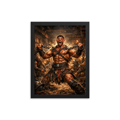 Spartacus breaking chains in gladiator barracks framed print on a plain backdrop in size 12"x16".