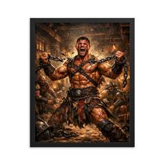 Spartacus breaking chains in gladiator barracks framed print on a plain backdrop in size 16"x20".