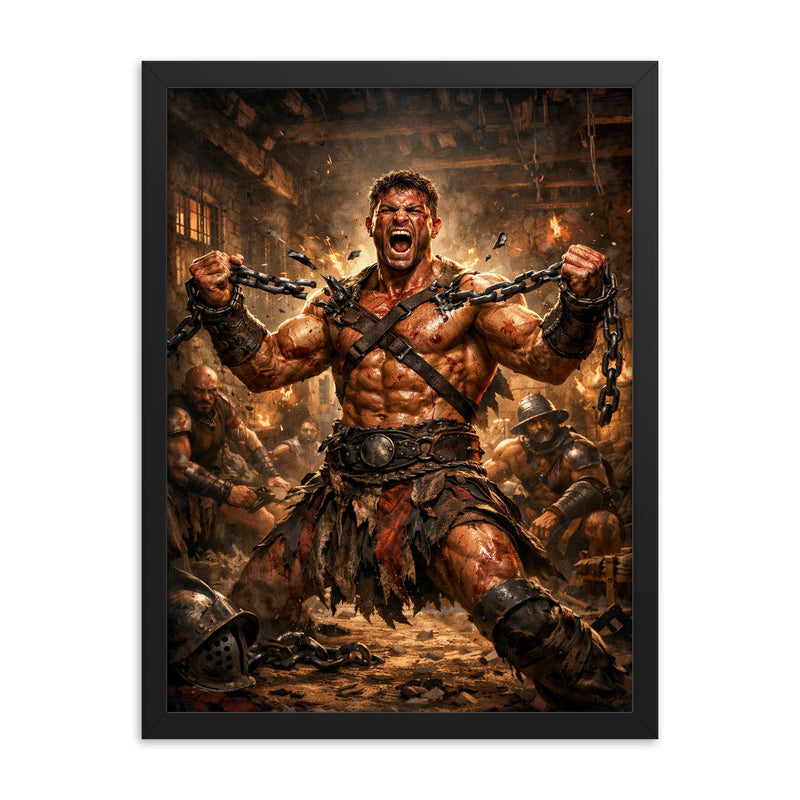 Spartacus breaking chains in gladiator barracks framed print on a plain backdrop in size 18