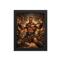 Spartacus breaking chains in gladiator barracks framed print on a plain backdrop in size 8"x10".