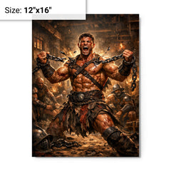 Spartacus breaking chains in gladiator barracks metal print on a plain backdrop in size 12"x16".