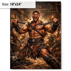 Spartacus breaking chains in gladiator barracks metal print on a plain backdrop in size 18"x24".