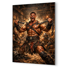 Spartacus breaking chains in gladiator barracks metal print mockup