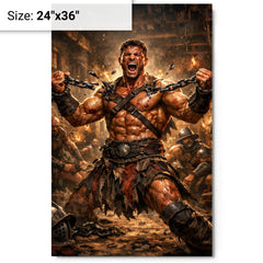 Spartacus breaking chains in gladiator barracks metal print on a plain backdrop in size 24"x36".