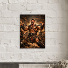Spartacus breaking chains in gladiator barracks metal print mockup