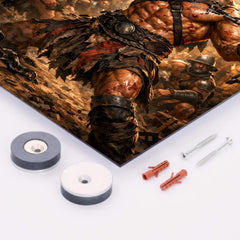 Spartacus breaking chains in gladiator barracks metal print mockup