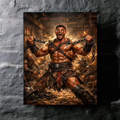Spartacus breaking chains in gladiator barracks metal print mockup