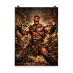 Spartacus breaking chains in gladiator barracks poster on a plain backdrop in size 8"x10".
