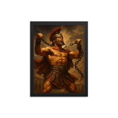 Spartacus breaking Roman chains framed print on a plain backdrop in size 12"x16".
