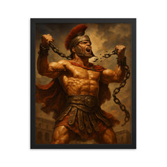 Spartacus breaking Roman chains framed print on a plain backdrop in size 16"x20".