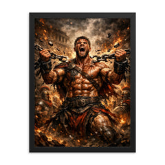 Spartacus breaking Roman chains framed print on a plain backdrop in size 18"x24".