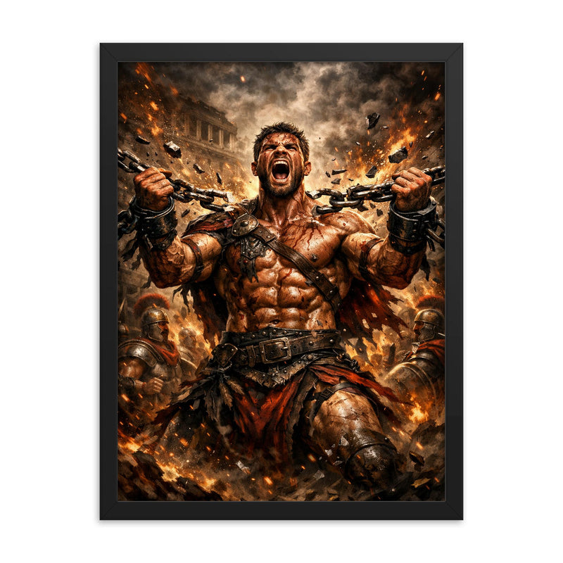Spartacus breaking Roman chains framed print on a plain backdrop in size 18