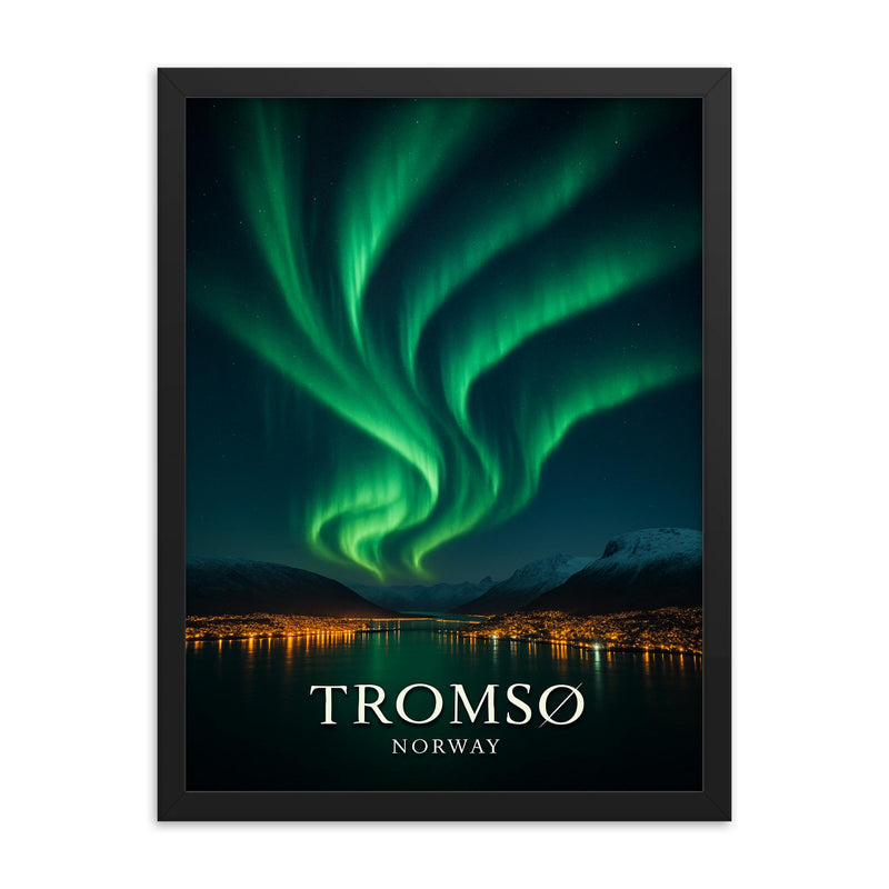 Spectacular photo of the Northern Lights aurora borealis above Tromso Norway framed print on a plain backdrop in size 18