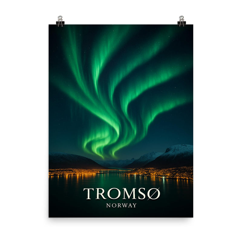 Spectacular photo of the Northern Lights aurora borealis above Tromso Norway poster on a plain backdrop in size 8
