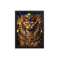 Sphynx cat pharaoh with lapis crown framed print on a plain backdrop in size 12"x16".
