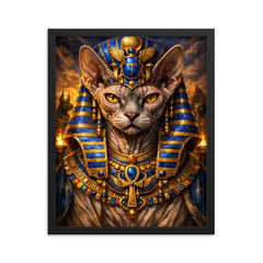 Sphynx cat pharaoh with lapis crown framed print on a plain backdrop in size 16"x20".