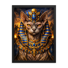 Sphynx cat pharaoh with lapis crown framed print on a plain backdrop in size 18"x24".