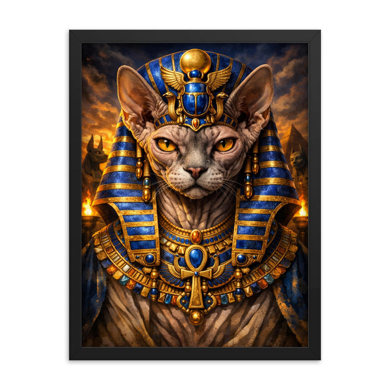 Sphynx cat pharaoh with lapis crown framed print on a plain backdrop in size 18