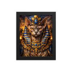 Sphynx cat pharaoh with lapis crown framed print on a plain backdrop in size 8"x10".