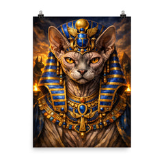 Sphynx cat pharaoh with lapis crown poster on a plain backdrop in size 8"x10".