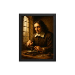 Spinoza grinding lenses by window light framed print on a plain backdrop in size 12"x16".