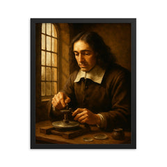 Spinoza grinding lenses by window light framed print on a plain backdrop in size 16"x20".
