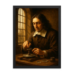 Spinoza grinding lenses by window light framed print on a plain backdrop in size 18"x24".