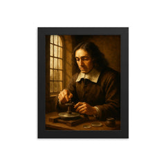 Spinoza grinding lenses by window light framed print on a plain backdrop in size 8"x10".
