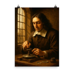 Spinoza grinding lenses by window light poster on a plain backdrop in size 8"x10".