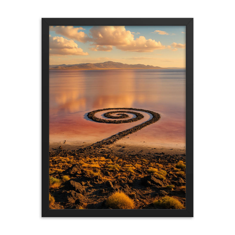 Spiral Jetty Utah USA framed print on a plain backdrop in size 18