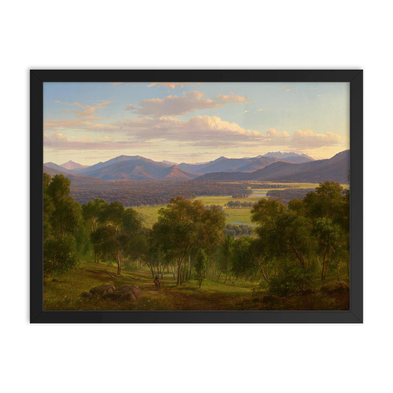 Spring in the Valley of the Mitta Mitta with Bogong Ranges by Eugene von Guerard framed print on a plain backdrop in size 18