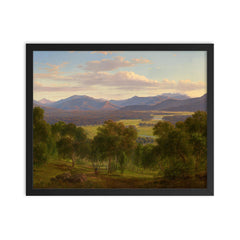 Spring in the Valley of the Mitta Mitta with the Bogong Ranges by Eugene von Guerard, 1863 framed print on a plain backdrop in size 16"x20".