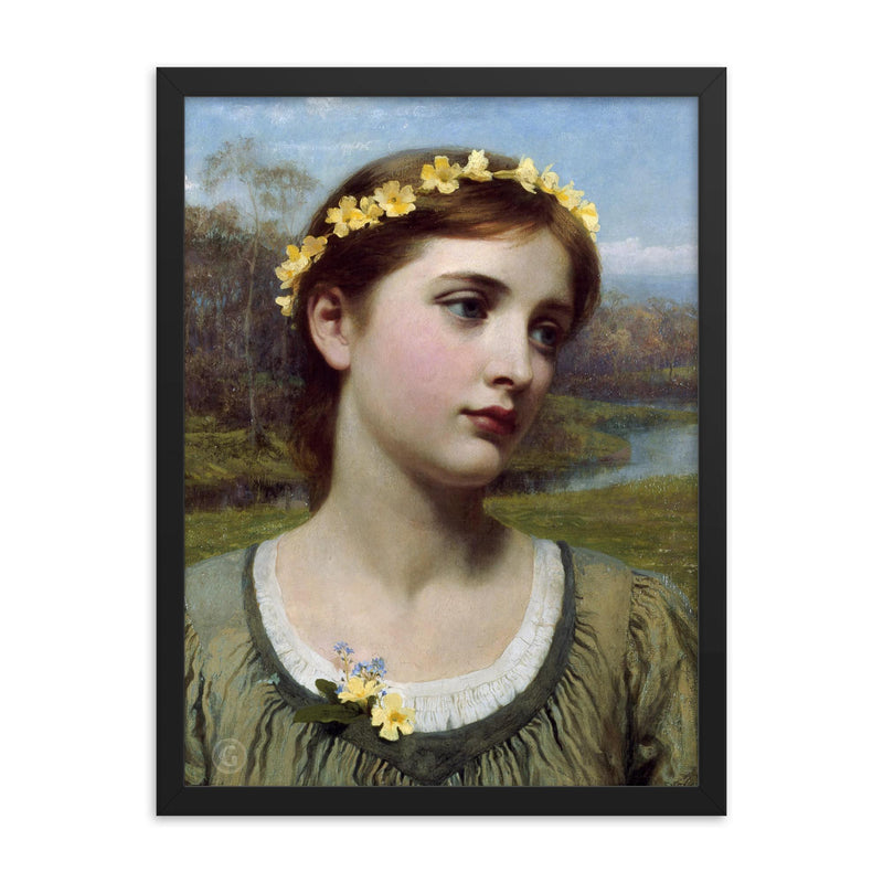 Spring Maiden by Sir Frank Bernard Dicksee framed print on a plain backdrop in size 18