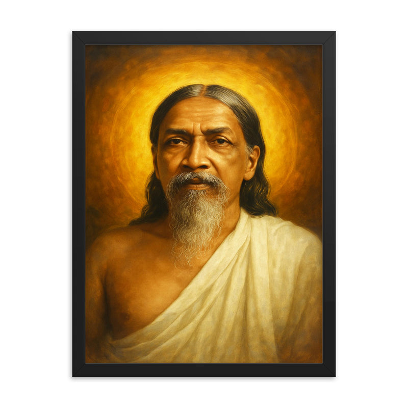 Sri Aurobindo framed print on a plain backdrop in size 18