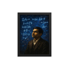Srinivasa Ramanujan amid infinite formula constellations framed print on a plain backdrop in size 12"x16".