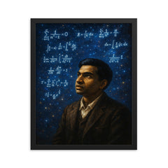 Srinivasa Ramanujan amid infinite formula constellations framed print on a plain backdrop in size 16"x20".