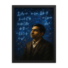 Srinivasa Ramanujan amid infinite formula constellations framed print on a plain backdrop in size 18"x24".