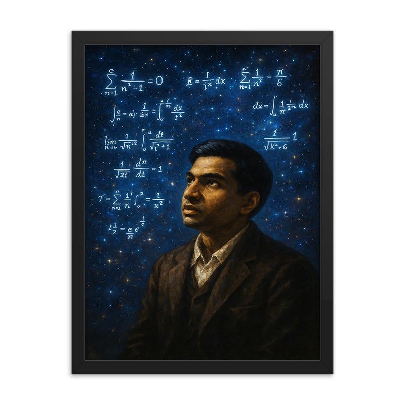Srinivasa Ramanujan amid infinite formula constellations framed print on a plain backdrop in size 18