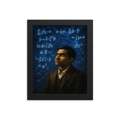 Srinivasa Ramanujan amid infinite formula constellations framed print on a plain backdrop in size 8"x10".