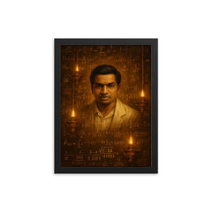 Srinivasa Ramanujan amid infinite formulas and temple lamps framed print on a plain backdrop in size 12"x16".