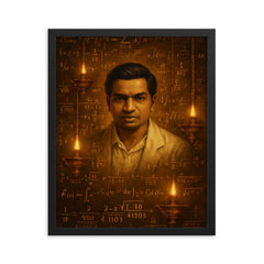 Srinivasa Ramanujan amid infinite formulas and temple lamps framed print on a plain backdrop in size 16"x20".