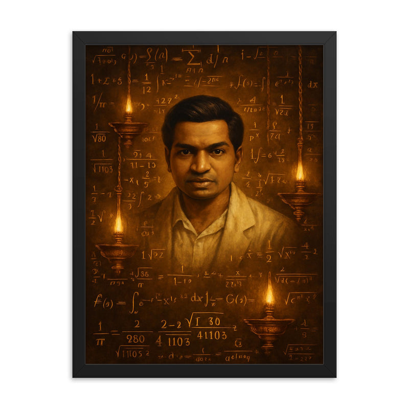 Srinivasa Ramanujan amid infinite formulas and temple lamps framed print on a plain backdrop in size 18