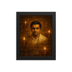 Srinivasa Ramanujan amid infinite formulas and temple lamps framed print on a plain backdrop in size 8"x10".