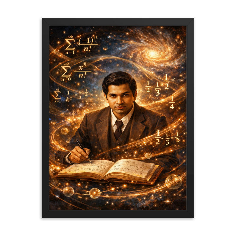 Srinivasa Ramanujan among infinite series framed print on a plain backdrop in size 18