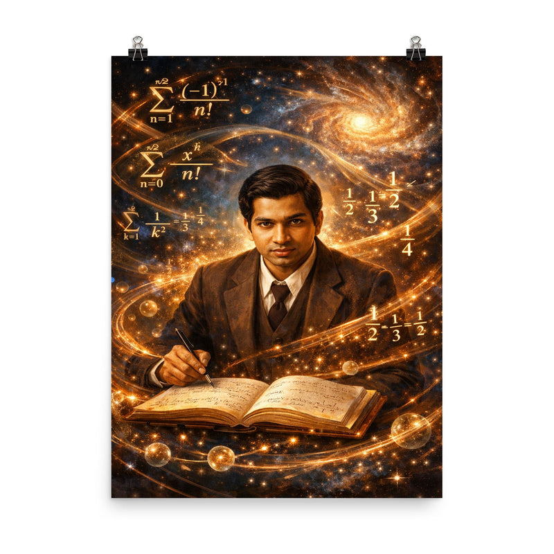 Srinivasa Ramanujan among infinite series poster on a plain backdrop in size 8