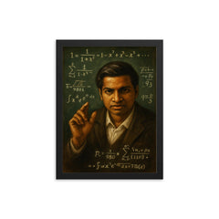Srinivasa Ramanujan chalkboard intuition portrait framed print on a plain backdrop in size 12"x16".